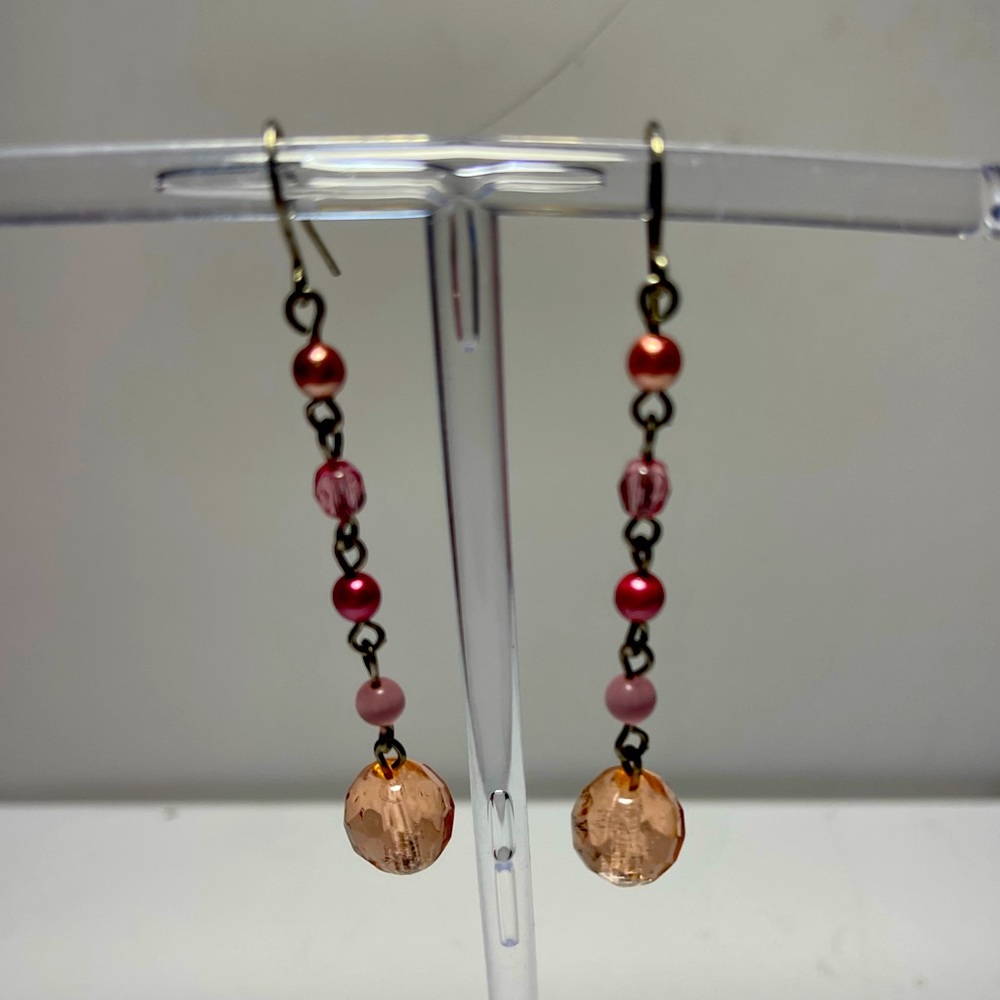 Peach Crystal and Faux Pearl Long Drop Earrings